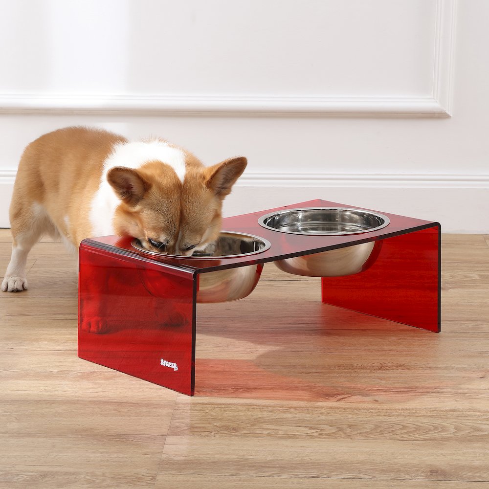 7.5" Rectangular Elevated Pet Feeder, 54oz 2-Stainless Steel Bowls, Red