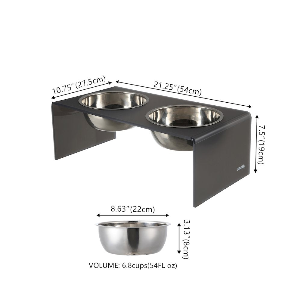 7.5" Rectangular Elevated Pet Feeder, 54oz 2-Stainless Steel Bowls, Dark Gray