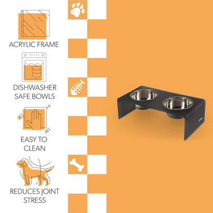 7.5" Rectangular Elevated Pet Feeder, 54oz 2-Stainless Steel Bowls, Dark Gray