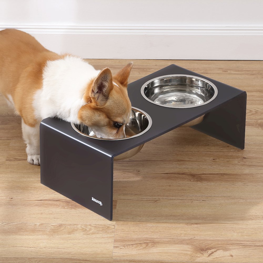 7.5" Rectangular Elevated Pet Feeder, 54oz 2-Stainless Steel Bowls, Dark Gray