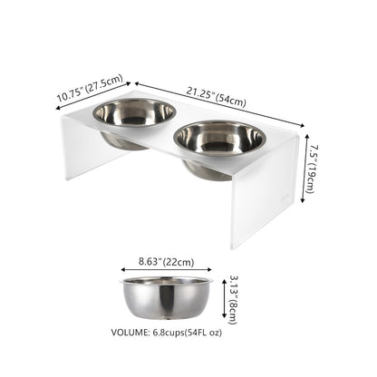 7.5" Rectangular Elevated Pet Feeder, 54oz 2-Stainless Steel Bowls, Moon White