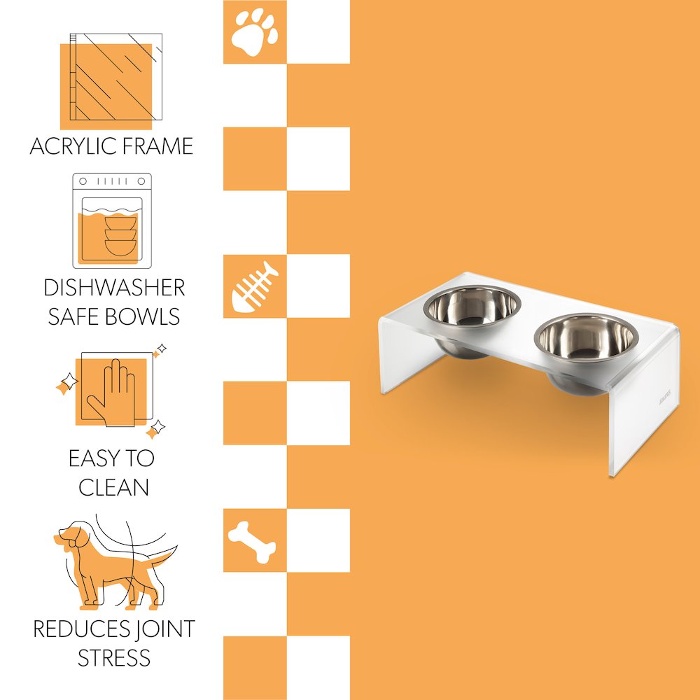 7.5" Rectangular Elevated Pet Feeder, 54oz 2-Stainless Steel Bowls, Moon White
