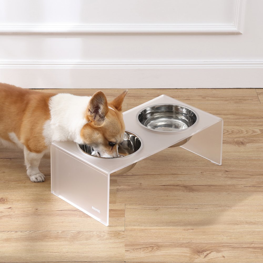 7.5" Rectangular Elevated Pet Feeder, 54oz 2-Stainless Steel Bowls, Moon White