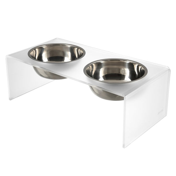 7.5" Rectangular Elevated Pet Feeder, 54oz 2-Stainless Steel Bowls, Moon White
