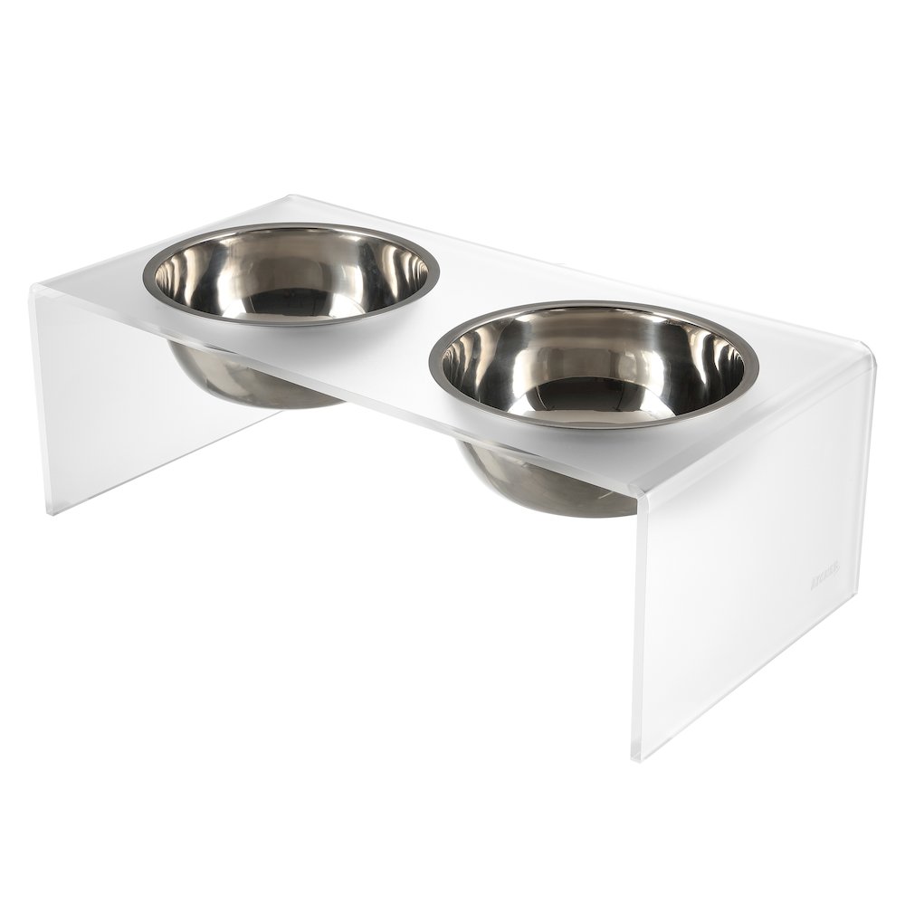 7.5" Rectangular Elevated Pet Feeder, 54oz 2-Stainless Steel Bowls, Moon White