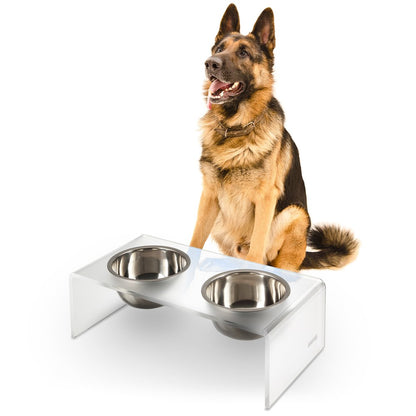 7.5" Rectangular Elevated Pet Feeder, 54oz 2-Stainless Steel Bowls, Moon White
