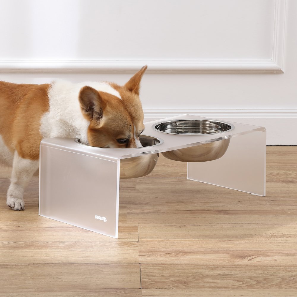7.5" Rectangular Elevated Pet Feeder, 54oz 2-Stainless Steel Bowls, Moon White