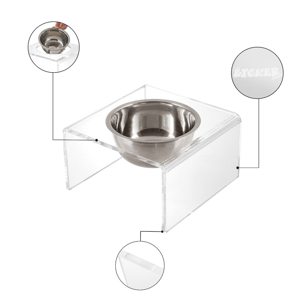 5" Acrylic Rectangular Elevated Pet Feeder, 20oz 1-Stainless Steel Bowl, Clear