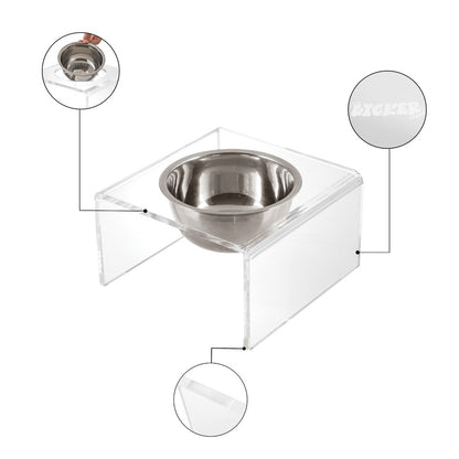 5" Acrylic Rectangular Elevated Pet Feeder, 20oz 1-Stainless Steel Bowl, Clear