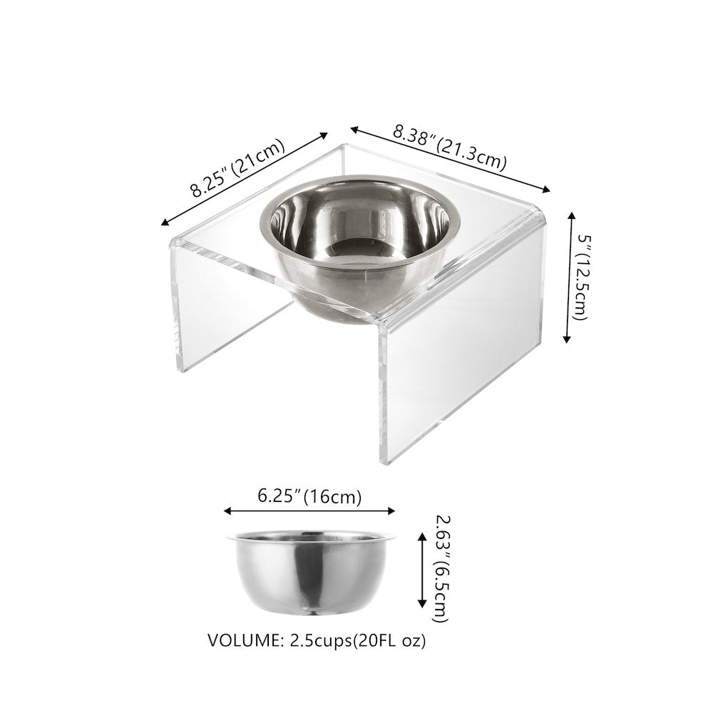 5" Acrylic Rectangular Elevated Pet Feeder, 20oz 1-Stainless Steel Bowl, Clear