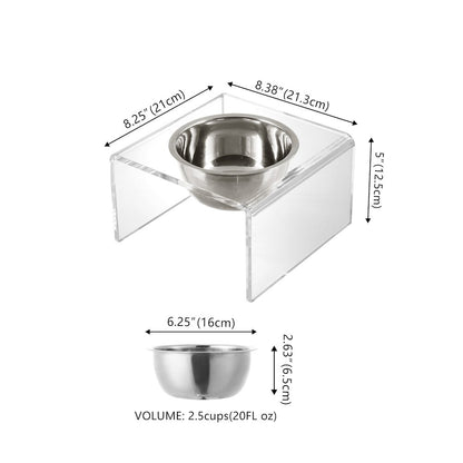 5" Acrylic Rectangular Elevated Pet Feeder, 20oz 1-Stainless Steel Bowl, Clear