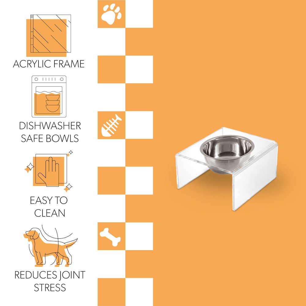 5" Acrylic Rectangular Elevated Pet Feeder, 20oz 1-Stainless Steel Bowl, Clear