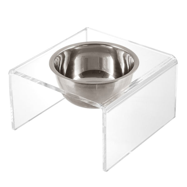 5" Acrylic Rectangular Elevated Pet Feeder, 20oz 1-Stainless Steel Bowl, Clear