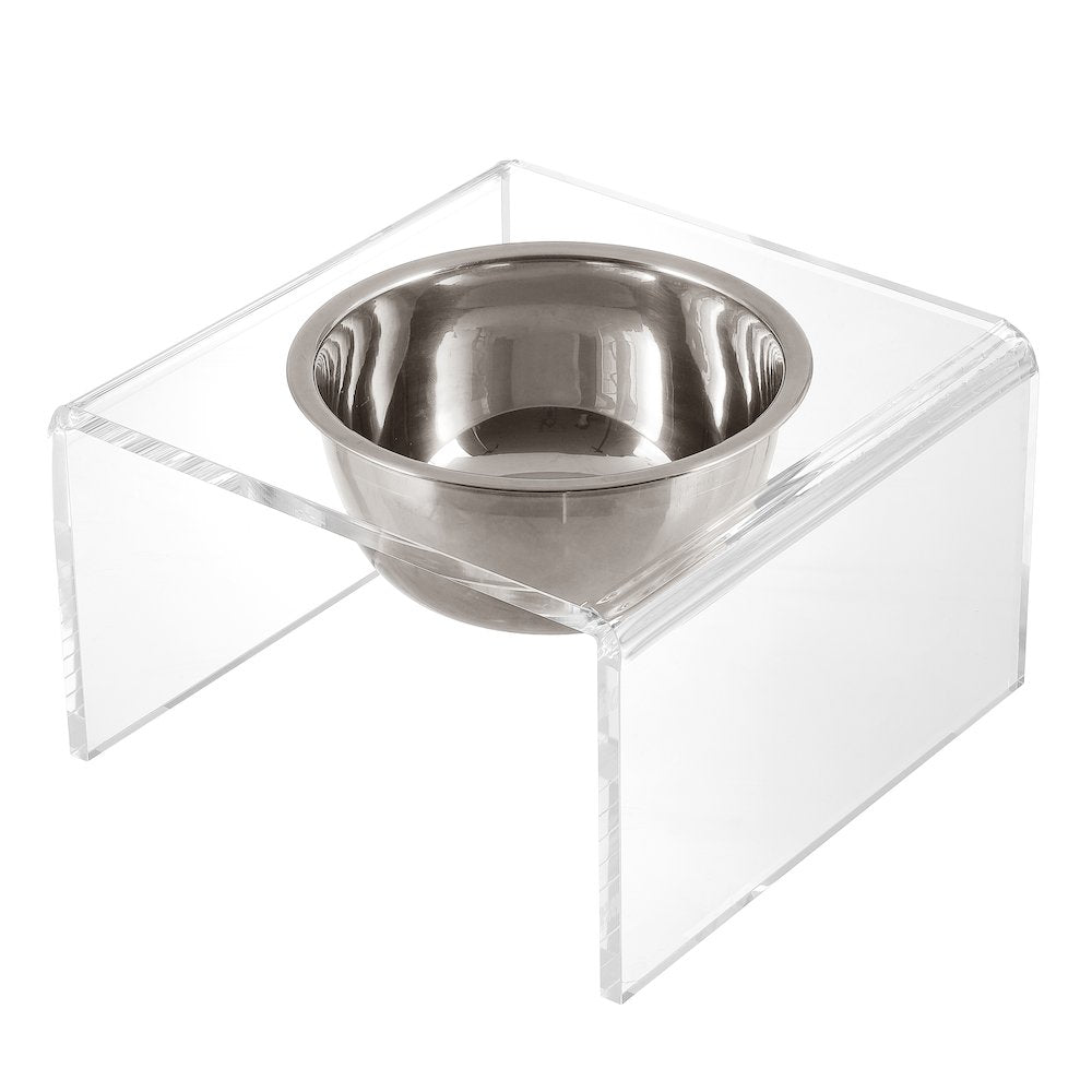 5" Acrylic Rectangular Elevated Pet Feeder, 20oz 1-Stainless Steel Bowl, Clear