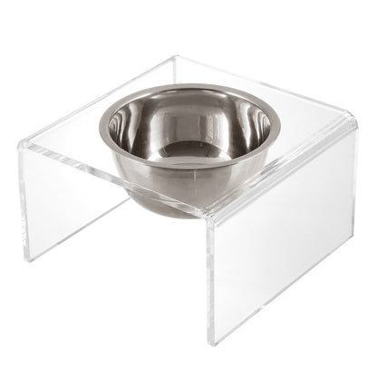 5" Acrylic Rectangular Elevated Pet Feeder, 20oz 1-Stainless Steel Bowl, Clear