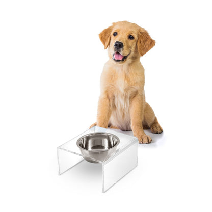 5" Acrylic Rectangular Elevated Pet Feeder, 20oz 1-Stainless Steel Bowl, Clear