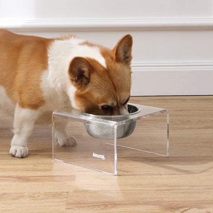 5" Acrylic Rectangular Elevated Pet Feeder, 20oz 1-Stainless Steel Bowl, Clear