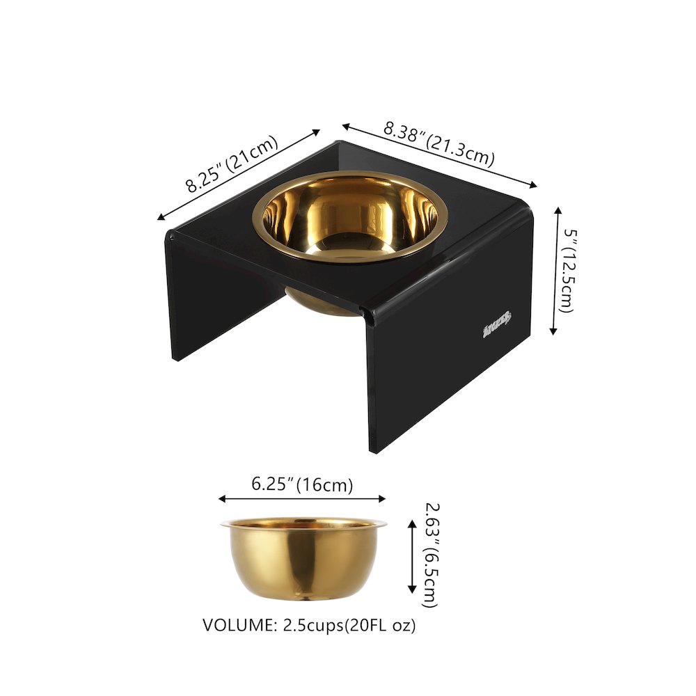5" Acrylic Rectangular Elevated Pet Feeder, 20oz 1-Stainless Steel Bowl, Black