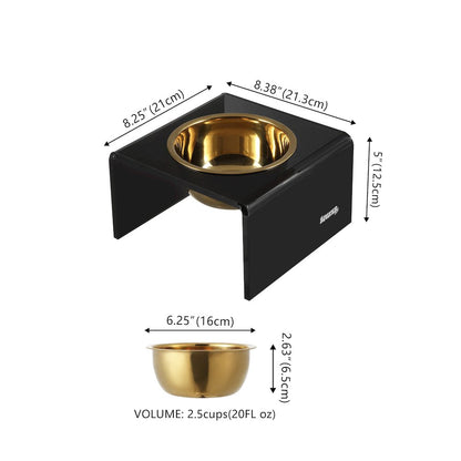 5" Acrylic Rectangular Elevated Pet Feeder, 20oz 1-Stainless Steel Bowl, Black