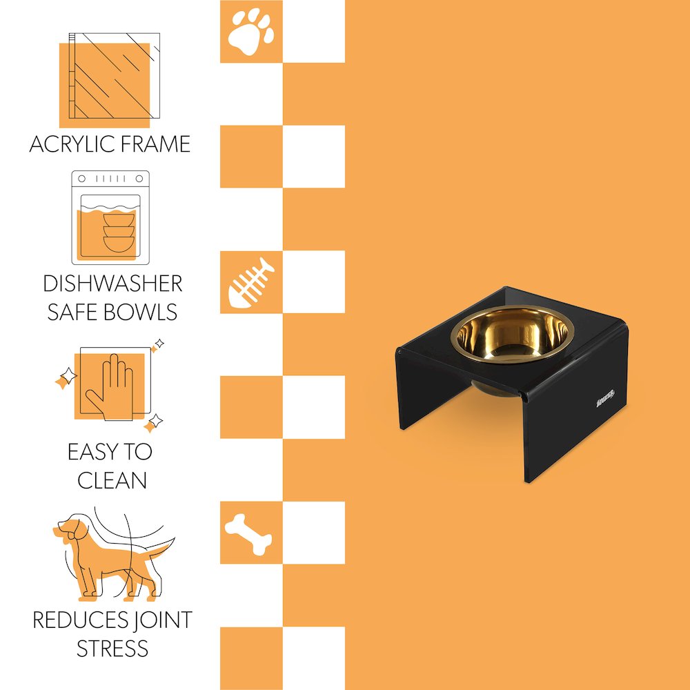 5" Acrylic Rectangular Elevated Pet Feeder, 20oz 1-Stainless Steel Bowl, Black