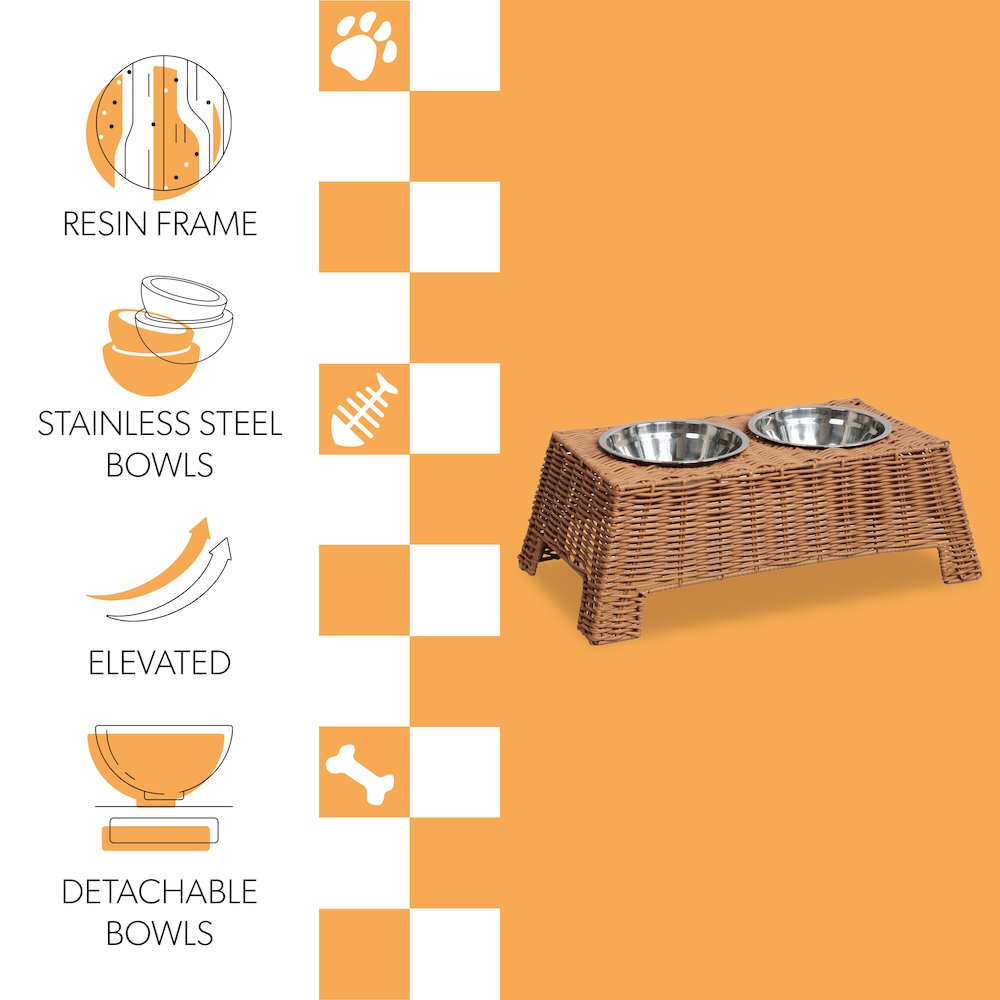 Serenity 6.9"  Elevated Wicker Pet Feeder with 18oz (2.2 Cups) 2-Stainless