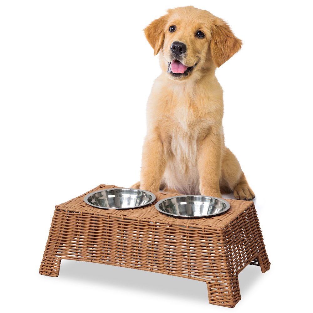Serenity 6.9"  Elevated Wicker Pet Feeder with 18oz (2.2 Cups) 2-Stainless