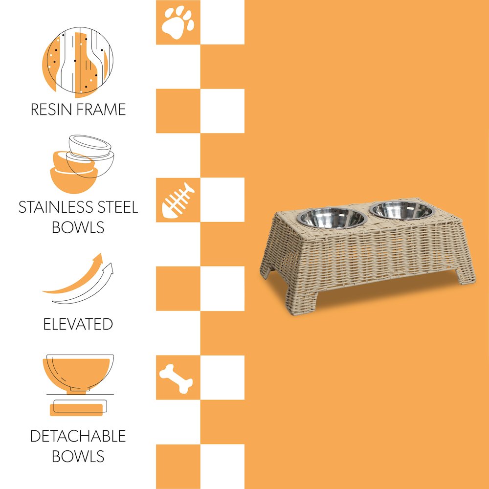 Serenity 6.9"  Elevated Wicker Pet Feeder with 18oz (2.2 Cups) 2-Stainless