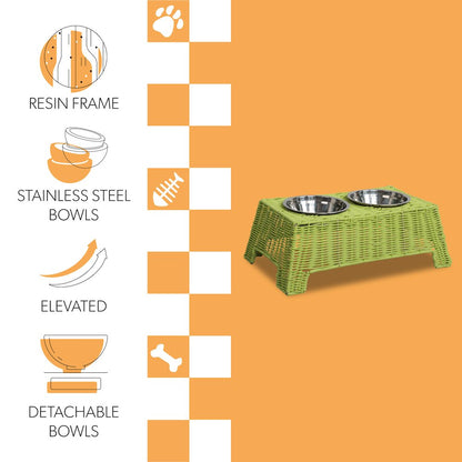 Serenity 6.9"  Elevated Wicker Pet Feeder with 18oz (2.2 Cups) 2-Stainless
