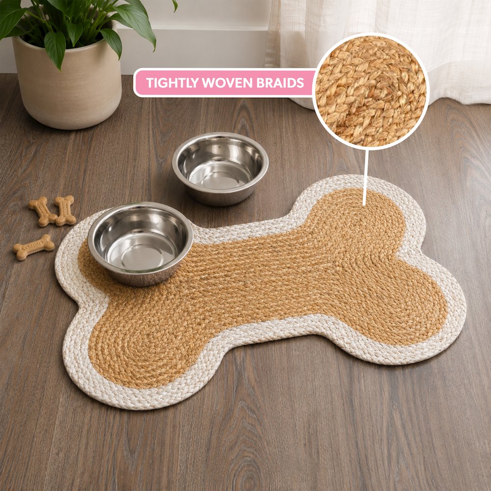 Mires 24 in. x 16 in. Braided Jute Pet Feeding Mat, Ivory/Natural