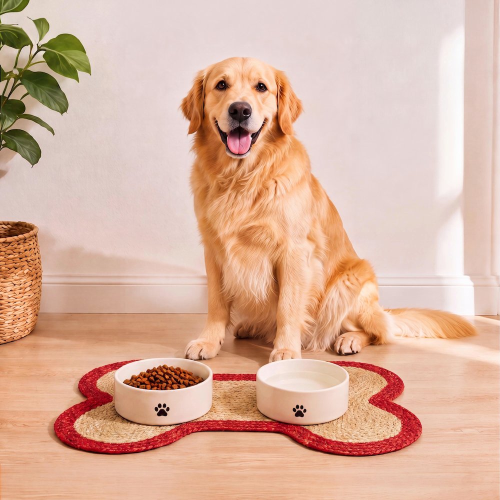 Mires 24 in. x 16 in. Braided Jute Pet Feeding Mat, Red/Natural