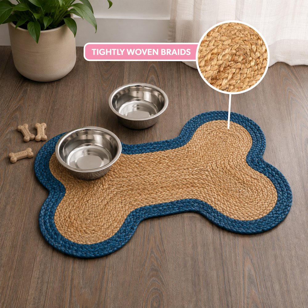 Mires 24 in. x 16 in. Braided Jute Pet Feeding Mat, Blue/Natural