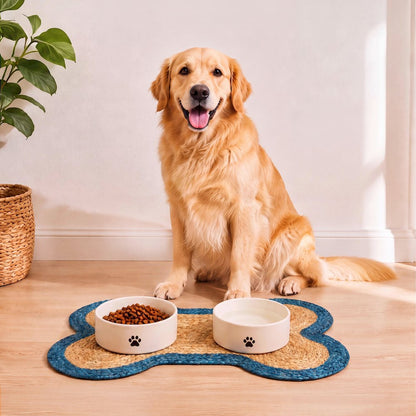 Mires 24 in. x 16 in. Braided Jute Pet Feeding Mat, Blue/Natural