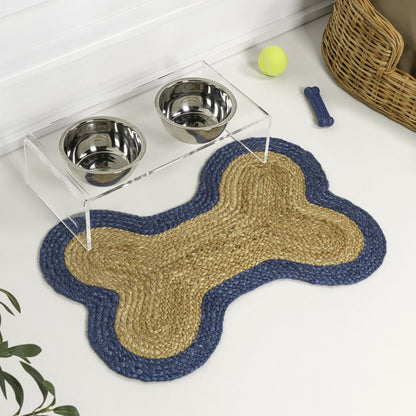 Mires 24 in. x 16 in. Braided Jute Pet Feeding Mat, Blue/Natural