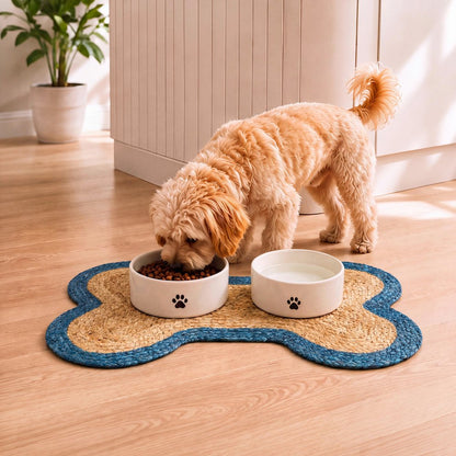 Mires 24 in. x 16 in. Braided Jute Pet Feeding Mat, Blue/Natural