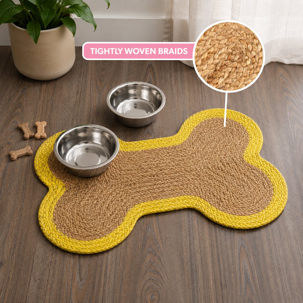 Mires 24 in. x 16 in. Braided Jute Pet Feeding Mat, Yellow/Natural