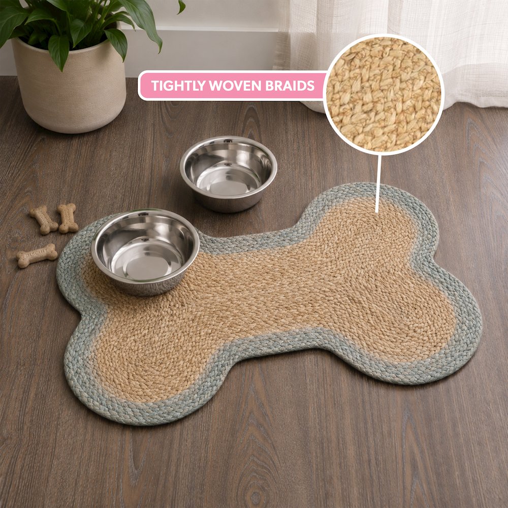 Mires 24 in. x 16 in. Braided Jute Pet Feeding Mat, Gray/Natural