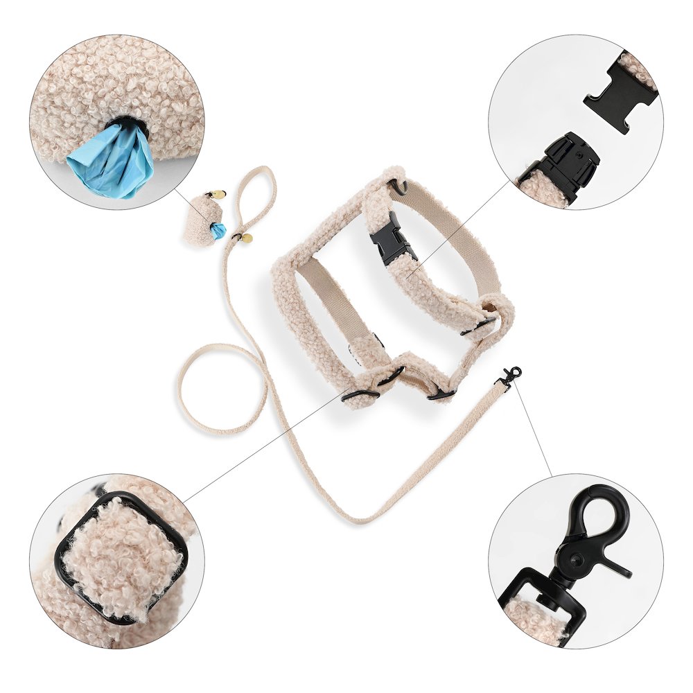 Teddy  Bouclé Adjustable H Harness and Leash Walk Set with Poop Bag Pouch