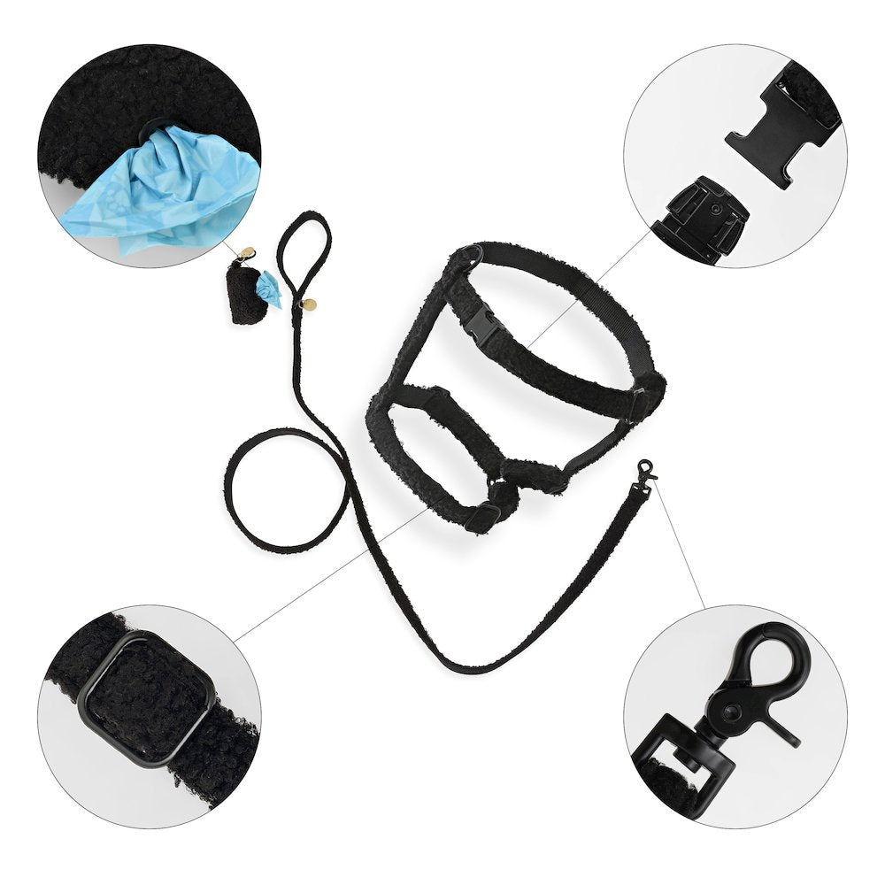 Teddy  Bouclé Adjustable H Harness and Leash Walk Set with Poop Bag Pouch