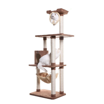 70" Real Wood Cat Tree With Scratch Posts, Hammock For Cats & Kittens
