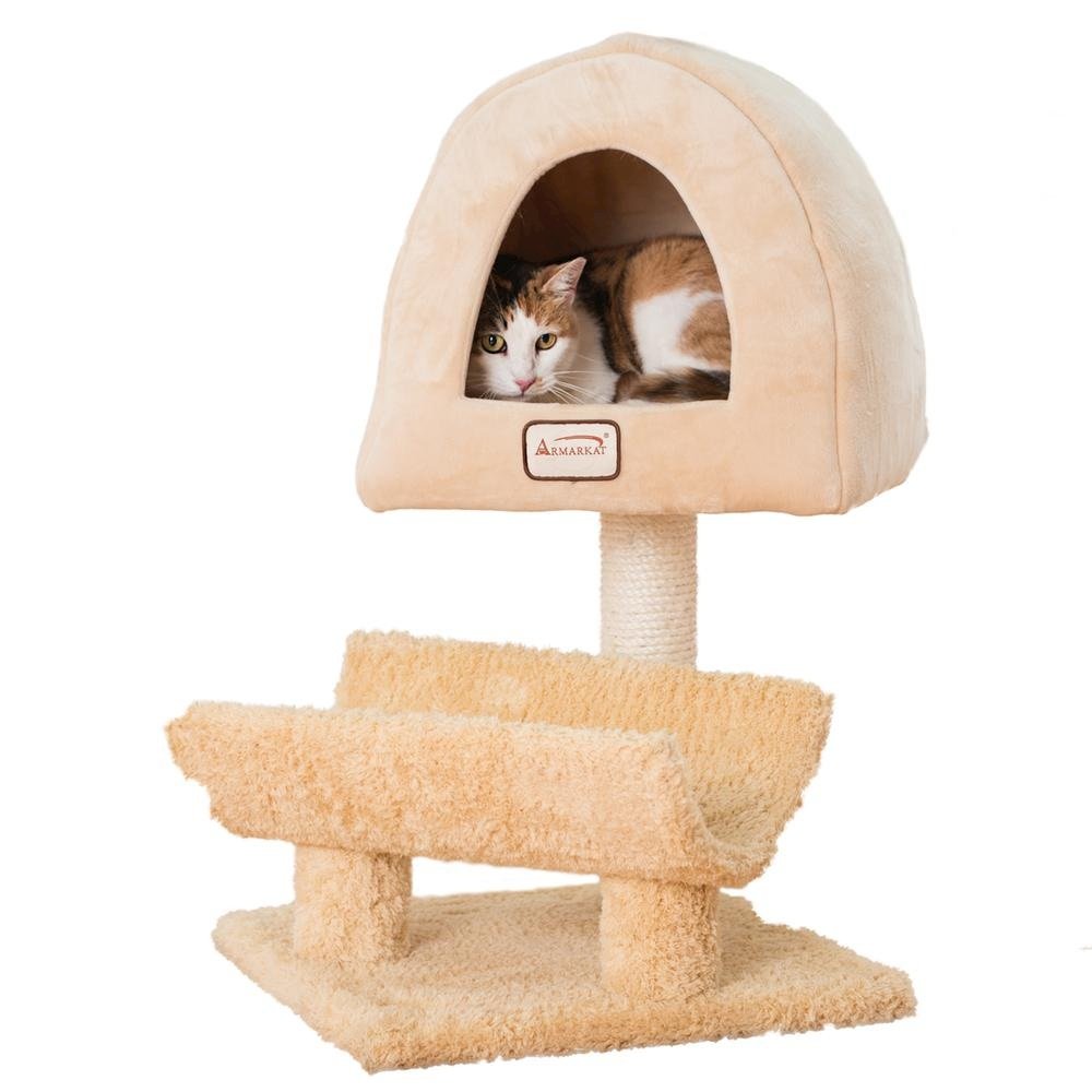 Real Wood Cat Condo, Cat Scratching Post With Plush Condo, Cuddle