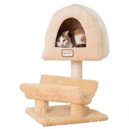 Real Wood Cat Condo, Cat Scratching Post With Plush Condo, Cuddle