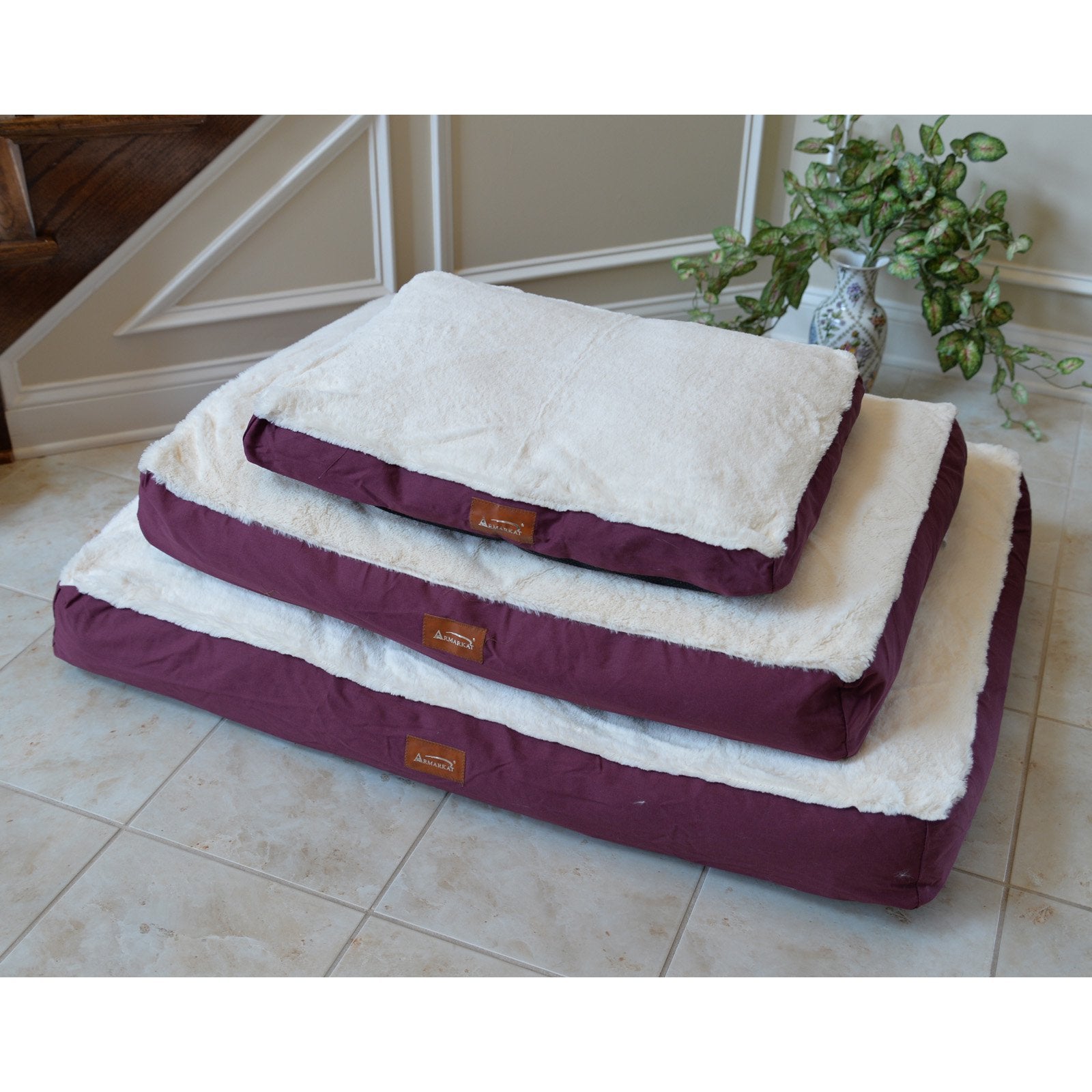 Extra Large Pet Bed Mat With Poly Fill Cushion In Burgundy & Ivory