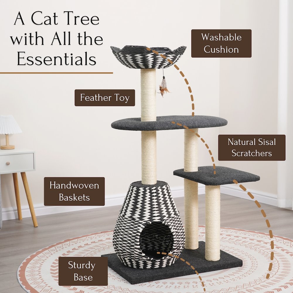 49-in Cat Tree With Recyclable Paper Rope Perch & Condo Lounger, Black & White