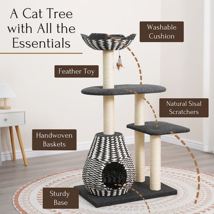 49-in Cat Tree With Recyclable Paper Rope Perch & Condo Lounger, Black & White