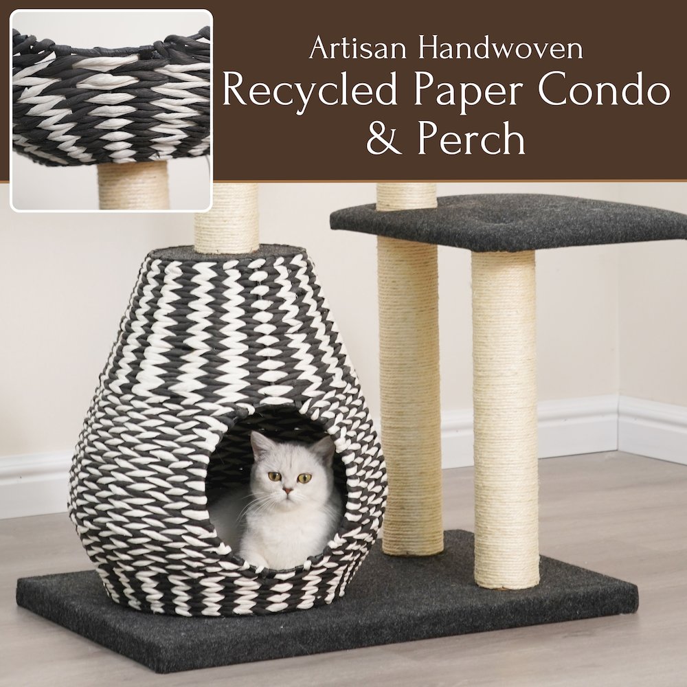 49-in Cat Tree With Recyclable Paper Rope Perch & Condo Lounger, Black & White