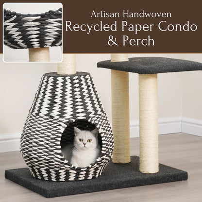 49-in Cat Tree With Recyclable Paper Rope Perch & Condo Lounger, Black & White