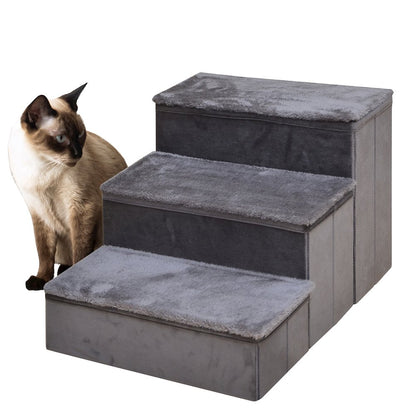 Charcoal Foldable Plush Pet Stairs with Built-in Storage, Soft Steps