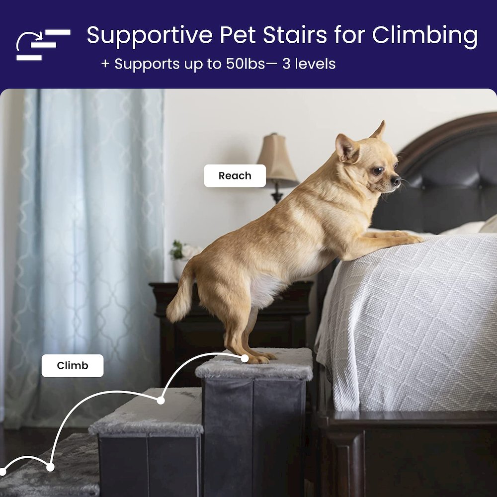 Charcoal Foldable Plush Pet Stairs with Built-in Storage, Soft Steps