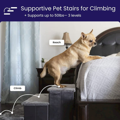 Charcoal Foldable Plush Pet Stairs with Built-in Storage, Soft Steps