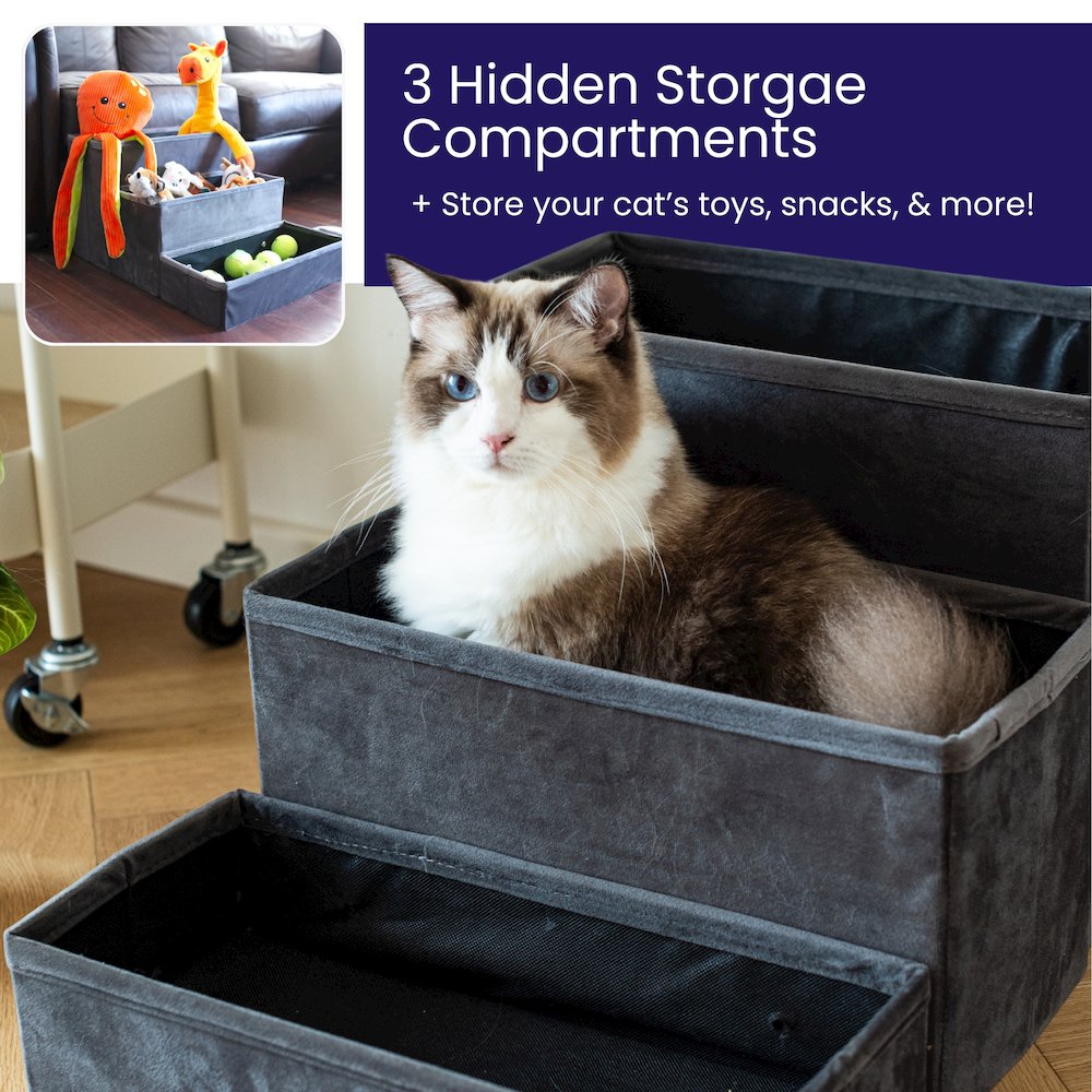 Charcoal Foldable Plush Pet Stairs with Built-in Storage, Soft Steps